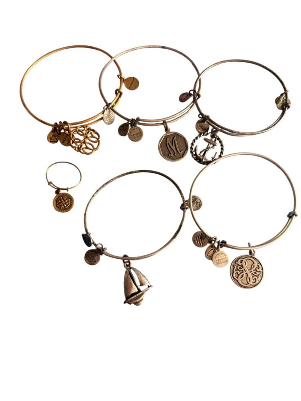 Set Of Alex Ani Expandable Bangles Ring Charms 6 Pieces Compass Sailboat Adjust